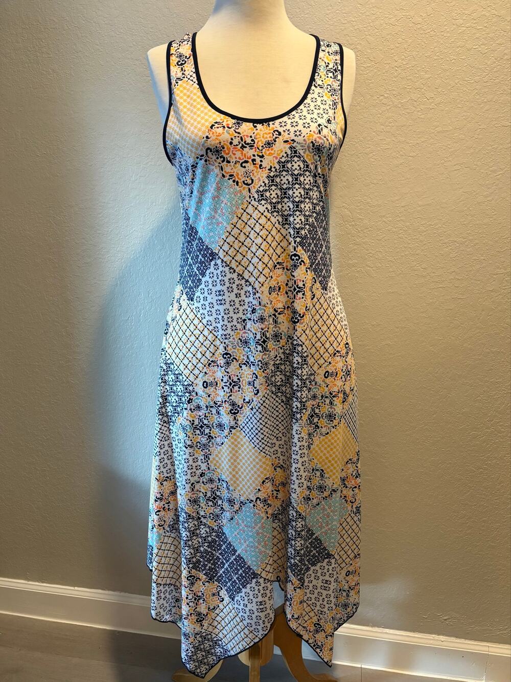 PERSEPTION CONCEPT Handkerchief Hem Patchwork Dress Midi Multi-Color Sz M Beachy